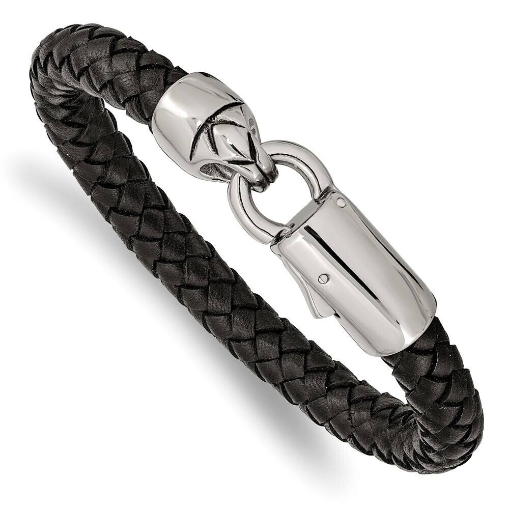 Kazi Luxury Steel Antiqued & Polished Black Braided Leather 8.25in Bracelet